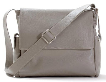 Beautiful Taupe Grey color messenger style bag with adjustable  crossbody strap and 2 exterior pockets - one with a magnetic flap and one open pocket.  Under main flap is a slip pocket ideal for files, magazines or tablet. Secure zipper pocket interior has 6 interior pockets with key holder.s secure 