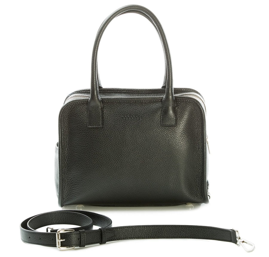 Beautiful Black Italian Pebbled Leather Handbag with detachable crossbody strap. 7 inch handle drop with one exterior open end pocket.  4 interior compartments with a secure zipper.  